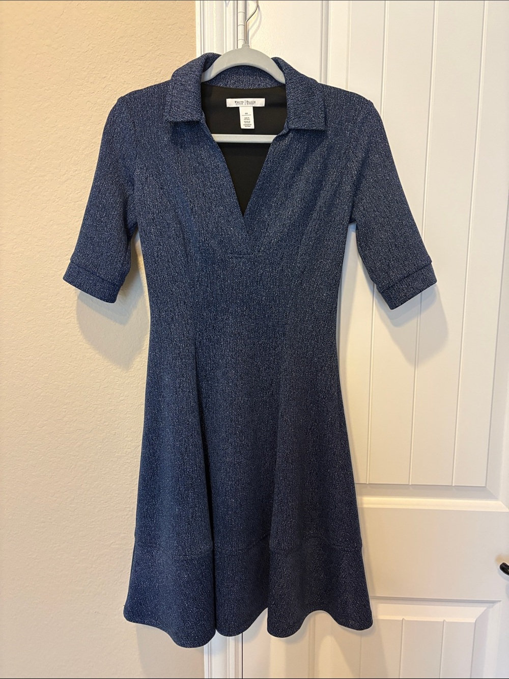 White House Black Market Navy speckled Collared Fit-and-Flare Midi Dress